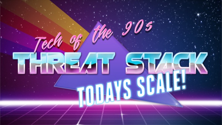 A vaporwave backdrop with the text ‘Tech of the 90’s/Todays Scale!’ and Threat Stack in the middle