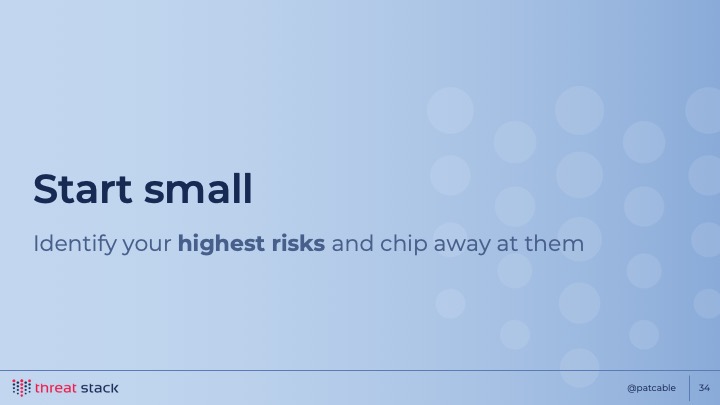 ‘Start small: Identify your highest risks and chip away at them’ on a blue background