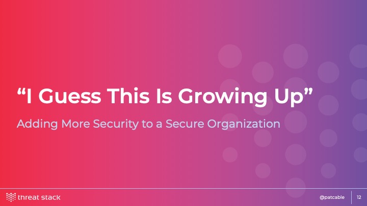 The words ‘I Guess This Is Growing Up - Adding More Security to a Secure Organization’ on a pink to purple gradient background