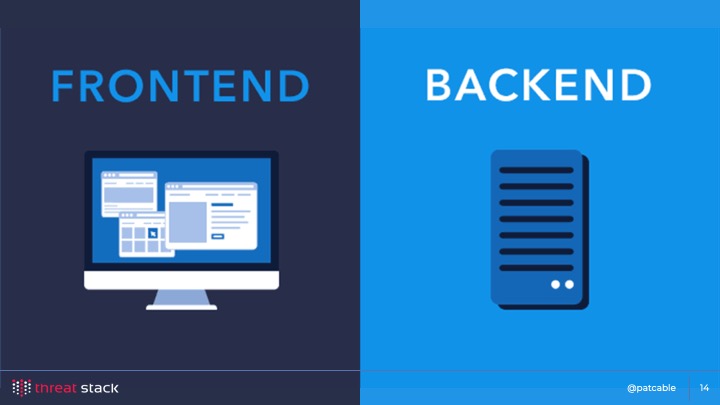 A slide that has a desktop computer with ‘frontend’ above it on the left side, and an image of a upright server on the other with ‘backend’ above it on the right side. Each side has a different shade of blue.