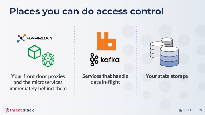 A slide split into thirds, one third with logos of front-edge proxy tools, a second third with data pipeline tools like RabbitMQ and Kafka, and finally a few cylinders representing state storage