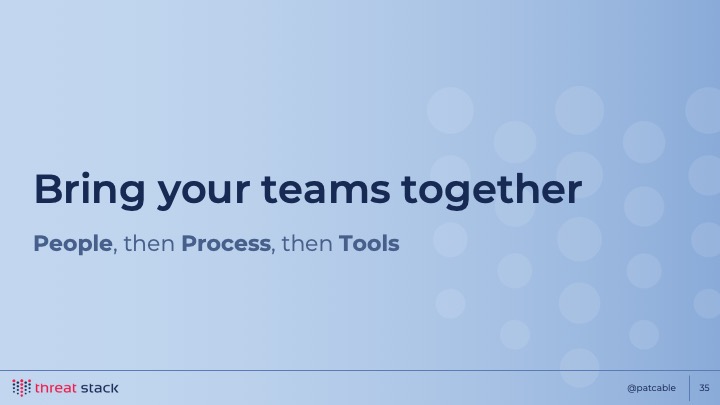 ‘Bring your teams together: People, then Process, than Tools’ on a blue background