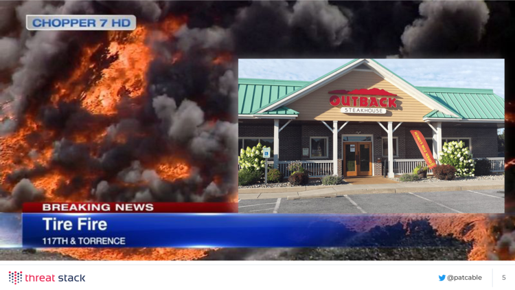 A picture of a tire fire, and a picture of an Outback Steakhouse over it
