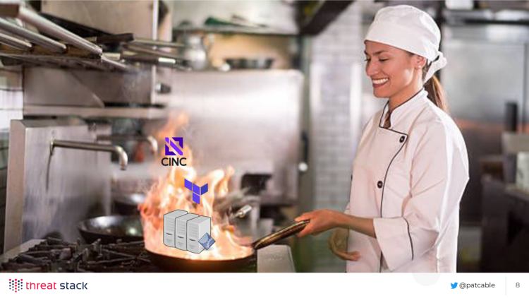 A chef in a commercial kitchen stirring a pan on fire, wtih the Cinc 